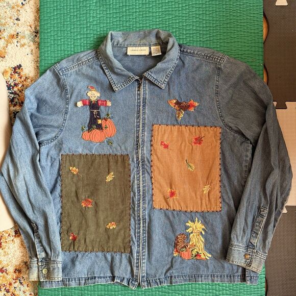 Vintage Cottagecore Fall Autumn Embroidered Patchwork Denim Jacket XL Pumpkin 90 - Picture 3 of 16